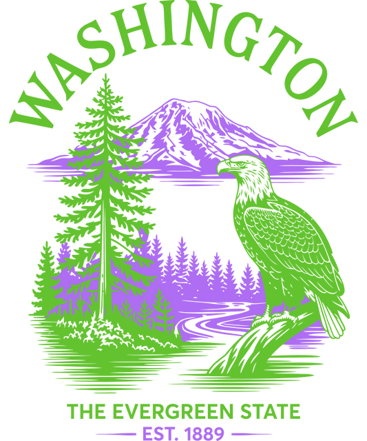 "Vintage style Washington graphic featuring a bald eagle perched on a branch with evergreen forests and mountains, with the text 'Washington The Evergreen State Est. 1889'."