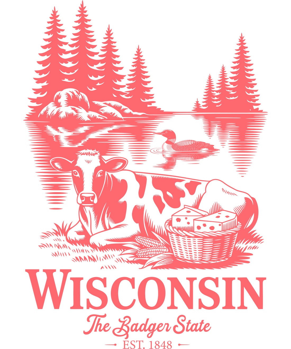 Vintage-style red and white illustration of the state of Wisconsin featuring a pine forest, a dairy cow, and a fishing basket, with the text "Wisconsin The Badger State.