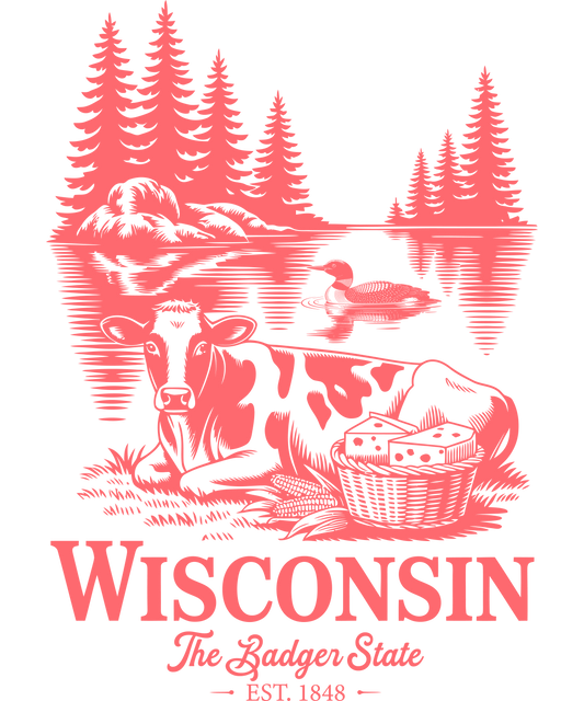 Vintage-style red and white illustration of the state of Wisconsin featuring a pine forest, a dairy cow, and a fishing basket, with the text "Wisconsin The Badger State.