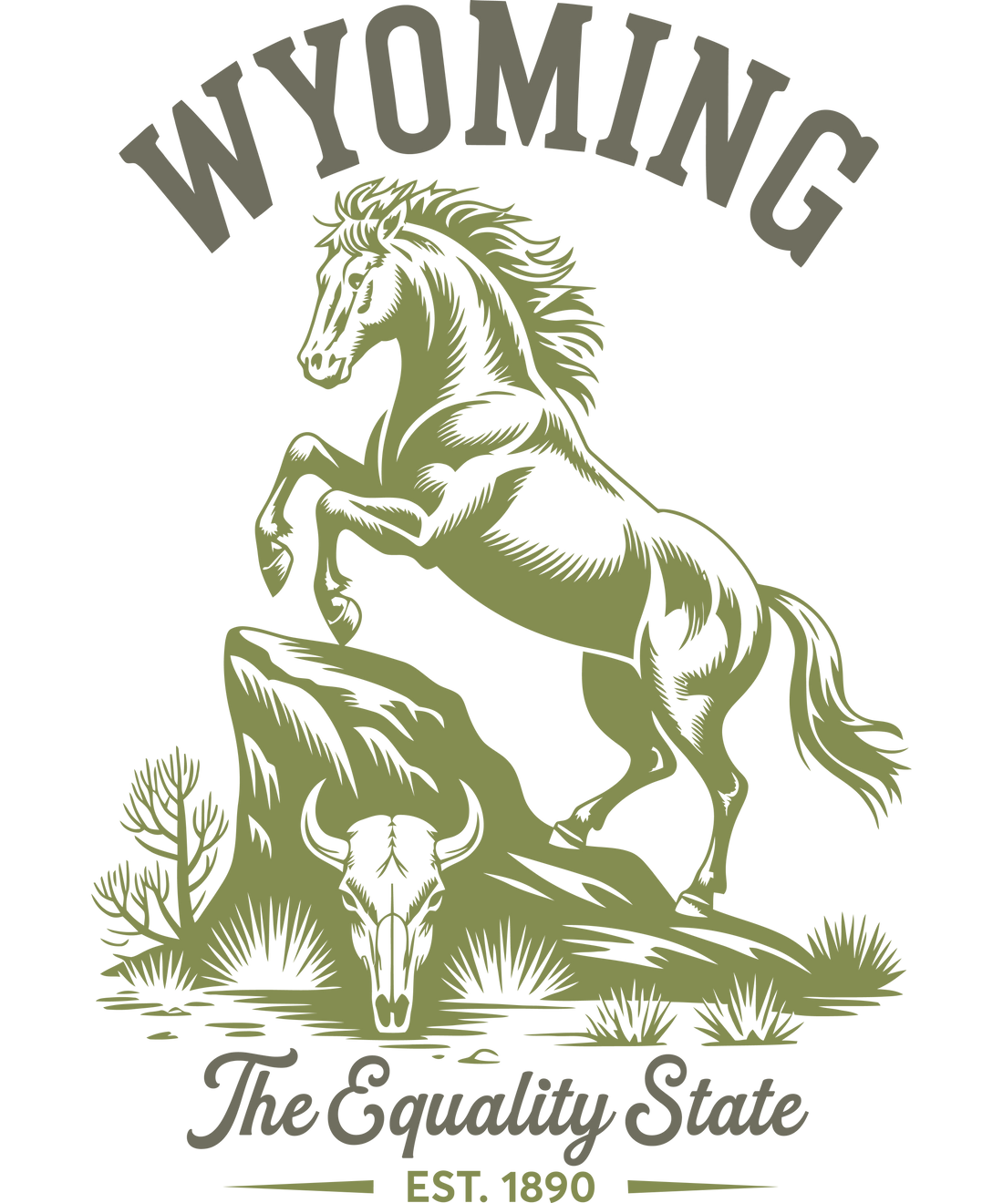 Vintage-style green illustration of Wyoming featuring a cowboy on a bucking horse and a mountain range with the text "The Equality State, Est. 1890."