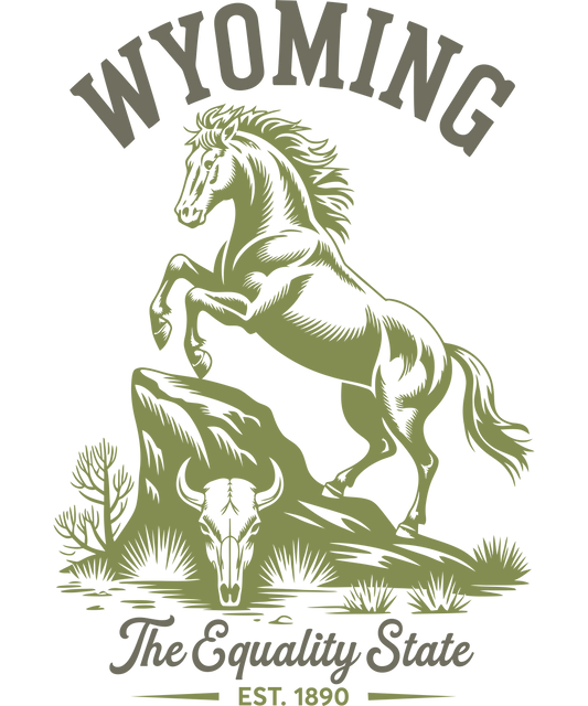Vintage-style green illustration of Wyoming featuring a cowboy on a bucking horse and a mountain range with the text "The Equality State, Est. 1890."