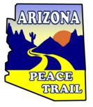 Arizona-shaped logo with a desert scene, winding yellow trail, cactus, mountains, and an orange sun, labeled Arizona Peace Trail.