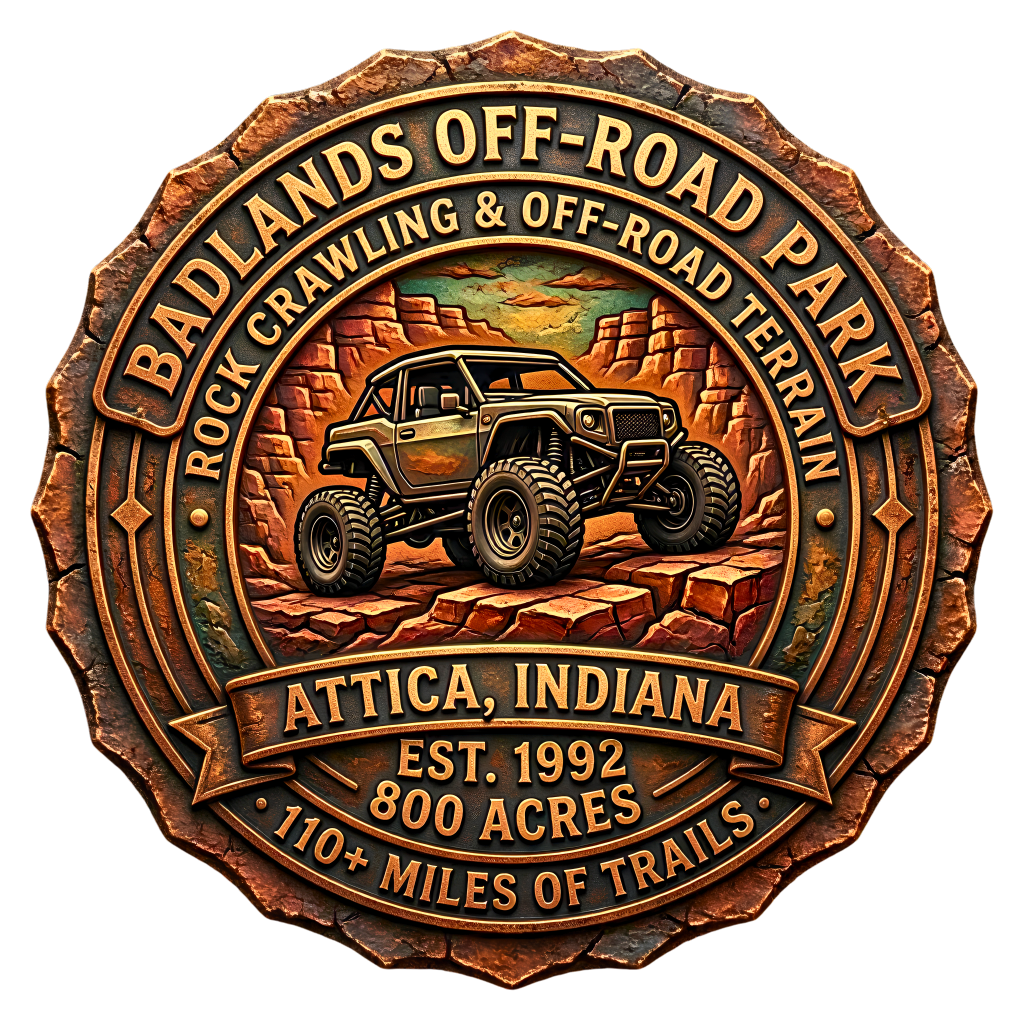 3D etched circular badge for Badlands Off-Road Park in Attica, Indiana, featuring a rugged off-road buggy over red rock terrain with carved banners showing park name, location, acreage, and trail miles in aged brass and clay tones.