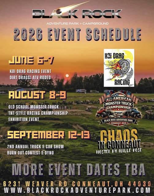 “Black Rock Adventure Park 2026 event schedule poster with drag racing, monster trucks, and truck show dates.”