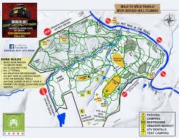 A colorful trail map of Broken Nut Off-Road Park in Jefferson, SC, highlighting the 350-acre property, mud pits, and wooded trail network.