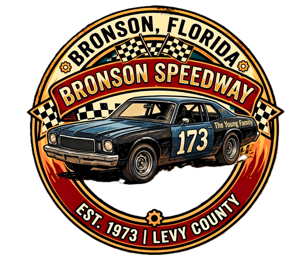 Circular vintage racing emblem for Bronson Speedway in Bronson, Florida, showing classic race car #173 labeled The Young Family, surrounded by checkered flags and retro banners; outer ring reads EST. 1973 | LEVY COUNTY. USA!!