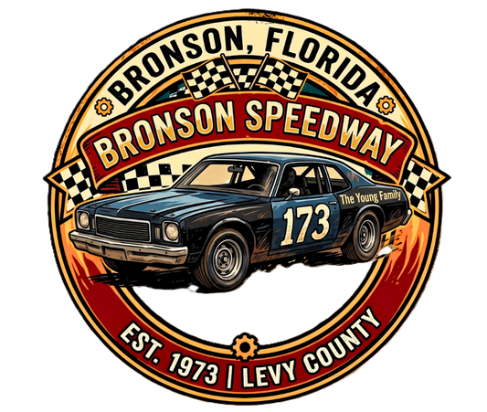 Circular vintage racing emblem for Bronson Speedway in Bronson, Florida, showing classic race car #173 labeled The Young Family, surrounded by checkered flags and retro banners; outer ring reads EST. 1973 | LEVY COUNTY. USA!!