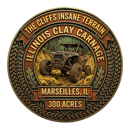 Metallic badge for The Cliffs Insane Terrain in Marseilles, IL. A UTV powers through deep Illinois clay ruts inside a tire tread border. Text highlights 300 Acres and Illinois Clay Carnage. Top ATV and UTV off-road trails.