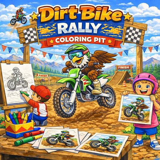 Cartoon eagle riding a green dirt bike with kids coloring pages in a bright patriotic rally scene.