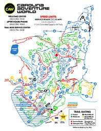 A detailed trail map of Carolina Adventure World showing 2,600 acres of off-road trails, mud bogs, and facility locations in Winnsboro, South Carolina.