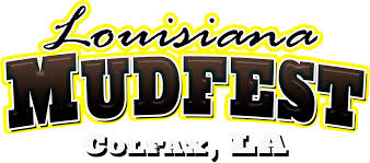 Louisiana Mudfest official logo featuring yellow and black bold typography with Colfax, LA location text below.