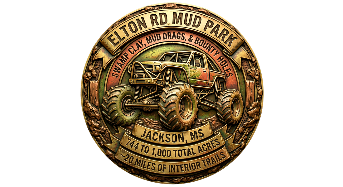 Metallic off-road badge for Elton Rd Mud Park in Jackson, MS, with a sculpted mega truck. Text includes: Swamp Clay, Mud Drags, & Bounty Holes; 744 to 1,000 total acres; ~20 miles of interior trails.