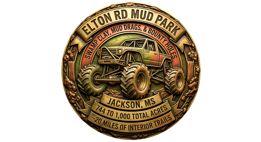 Metallic off-road badge for Elton Rd Mud Park in Jackson, MS, with a sculpted mega truck. Text includes: Swamp Clay, Mud Drags, & Bounty Holes; 744 to 1,000 total acres; ~20 miles of interior trails.