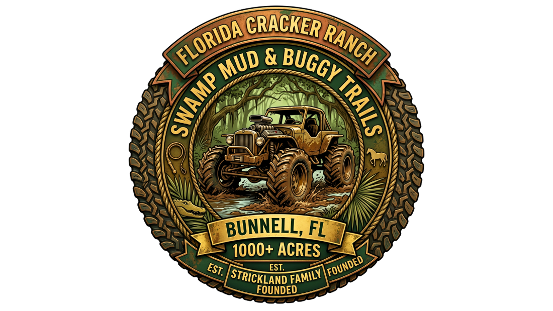 Circular emblem for Florida Cracker Ranch featuring an off-road vehicle splashing through swamp mud on a trail, tire-tread border and trees; text: Florida Cracker Ranch, Swamp Mud & Buggy Trails, Bunnell FL, 1000+ acres. USA.