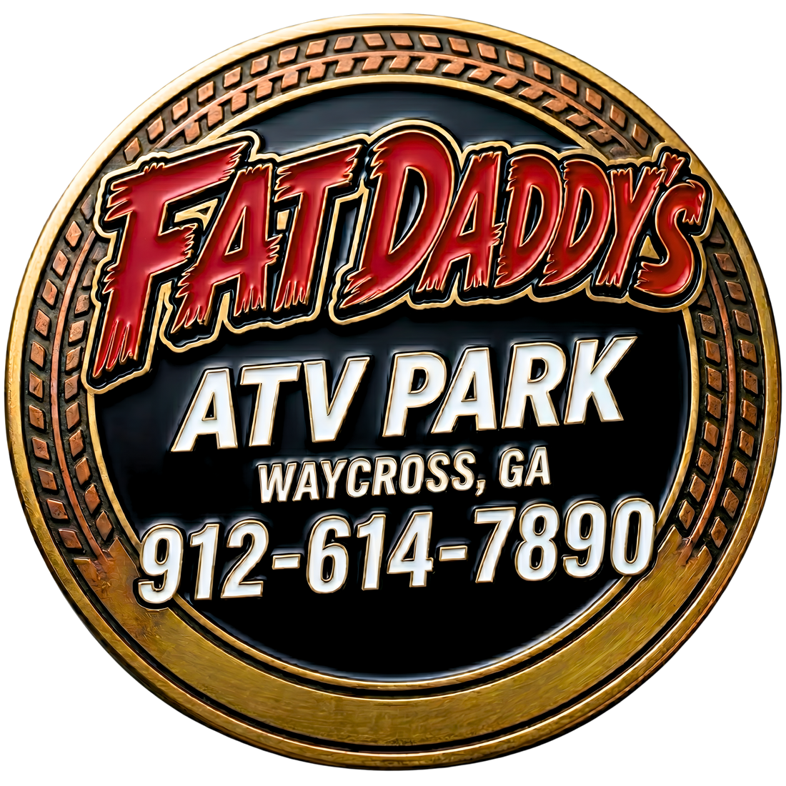 Dimensional metal coin logo for Fat Daddy's ATV Park in Waycross, GA, featuring tire tread textures. Off-road recreation park branding.