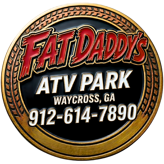 Dimensional metal coin logo for Fat Daddy's ATV Park in Waycross, GA, featuring tire tread textures. Off-road recreation park branding.