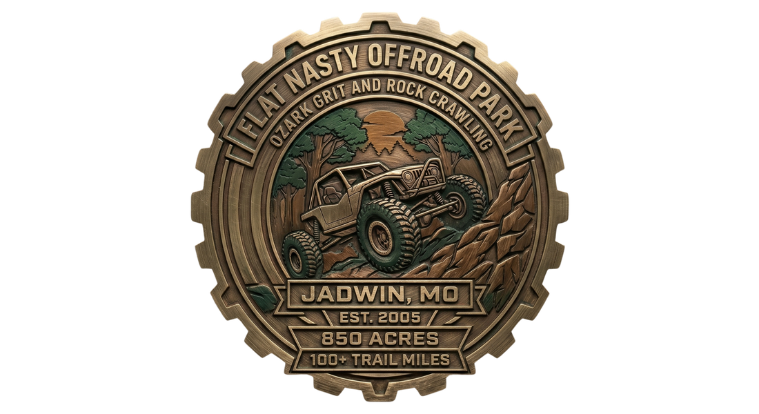 Bronze gear‑shaped Flat Nasty Offroad Park emblem showing a rock crawler on rugged Ozark terrain with trees and sunset, featuring text for Jadwin, Missouri, Ozark grit, rock crawling, 850 acres and 100+ trail miles.