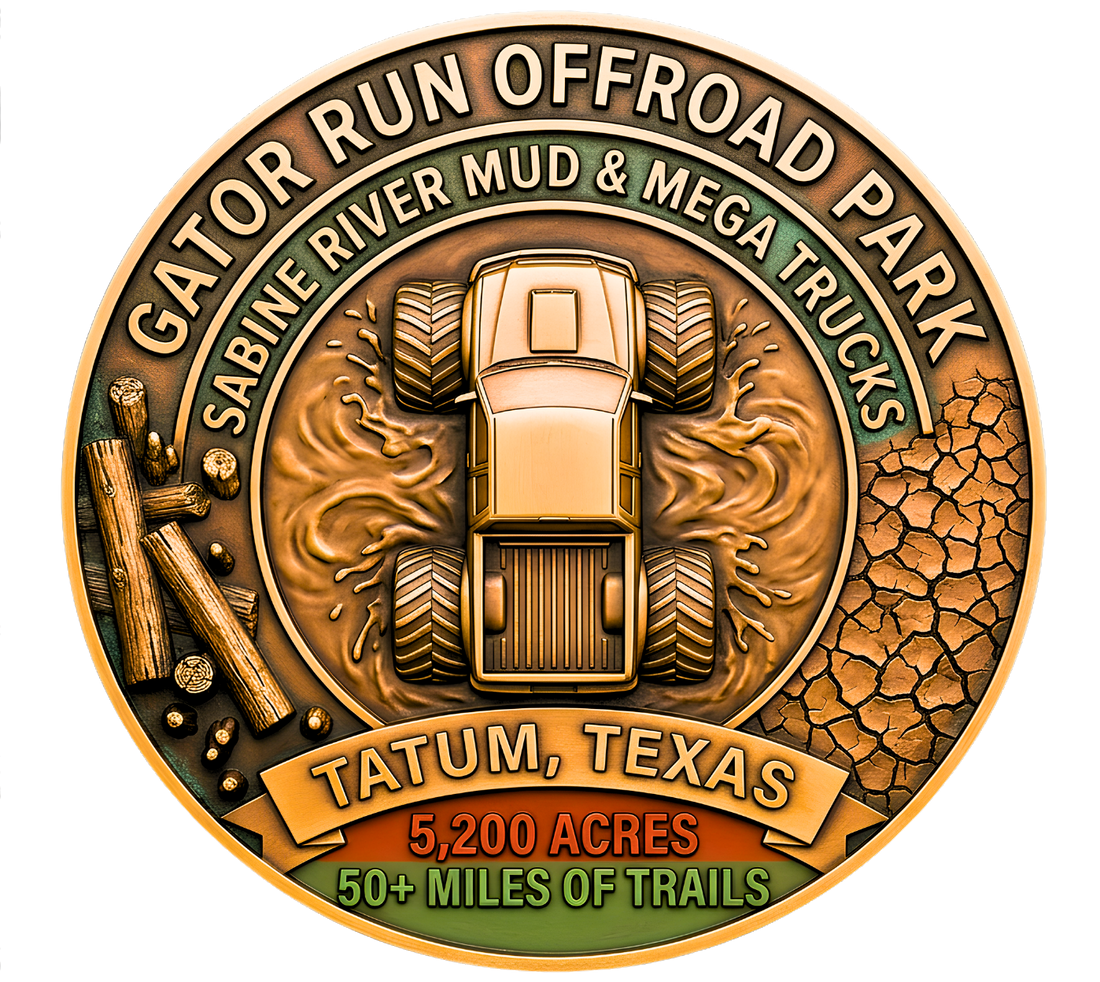 Top-down 3D etched circular medallion logo for Gator Run Offroad Park in Tatum, Texas. Features a central mega mud truck, swamp timber and cracked clay borders, with banners detailing 5,200 acres and 50+ miles of trails.