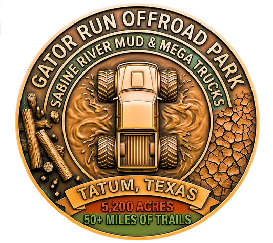 Top-down 3D etched circular medallion logo for Gator Run Offroad Park in Tatum, Texas. Features a central mega mud truck, swamp timber and cracked clay borders, with banners detailing 5,200 acres and 50+ miles of trails.