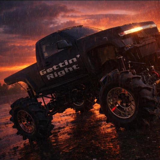 Gettin Right Mega Truck with rain and a stormy sunset of orange and blue 