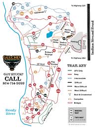 A detailed trail map of Gulches ORV Park in Waterloo, South Carolina, showing various off-road routes, technical obstacles, and the Reedy River border.