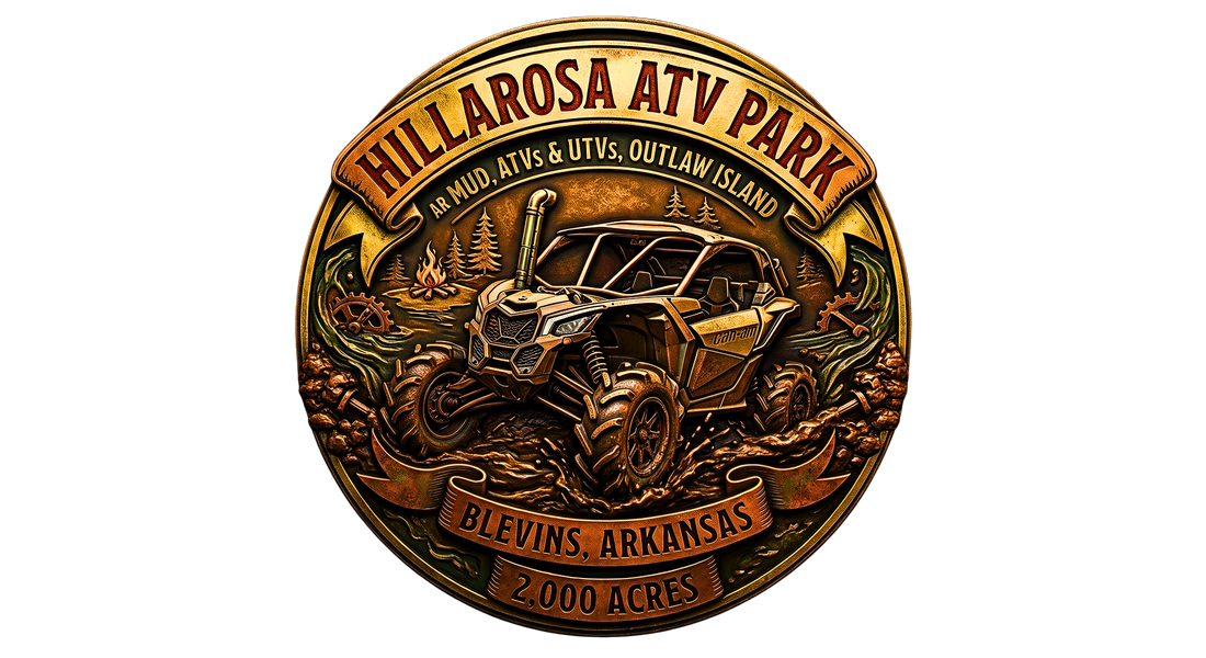 Detailed antique bronze relief emblem for Hillarosa ATV Park in Blevins, Arkansas. Features a UTV driving through deep mud, campfire, trees, and gears. Text: AR Mud, ATVs & UTVs, Outlaw Island, 2,000 Acres.