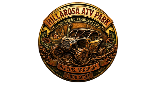 Detailed antique bronze relief emblem for Hillarosa ATV Park in Blevins, Arkansas. Features a UTV driving through deep mud, campfire, trees, and gears. Text: AR Mud, ATVs & UTVs, Outlaw Island, 2,000 Acres.