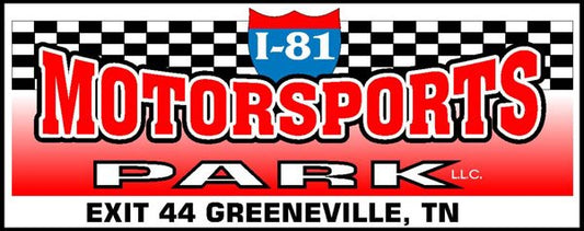 “I‑81 Motorsports Park logo with a checkered flag, an I‑81 highway shield, bold red ‘Motorsports’ text, metallic ‘Park’ text, and ‘Exit 44 Greeneville, TN’ underneath.”