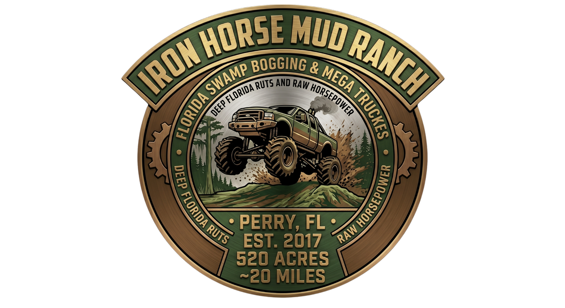 Metallic circular logo for Iron Horse Mud Ranch in Perry, FL, featuring a lifted mega truck splashing through mud. Text highlights Florida swamp bogging, 520 acres, and deep ruts across a rugged, bronze and green emblem.