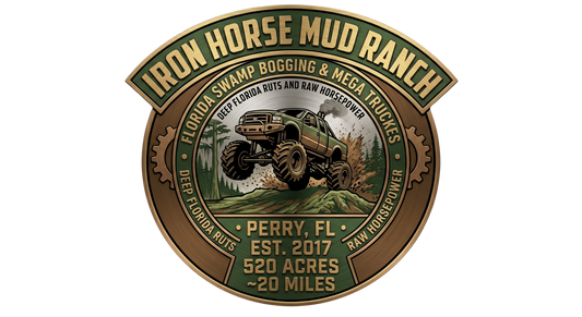 Metallic circular logo for Iron Horse Mud Ranch in Perry, FL, featuring a lifted mega truck splashing through mud. Text highlights Florida swamp bogging, 520 acres, and deep ruts across a rugged, bronze and green emblem.