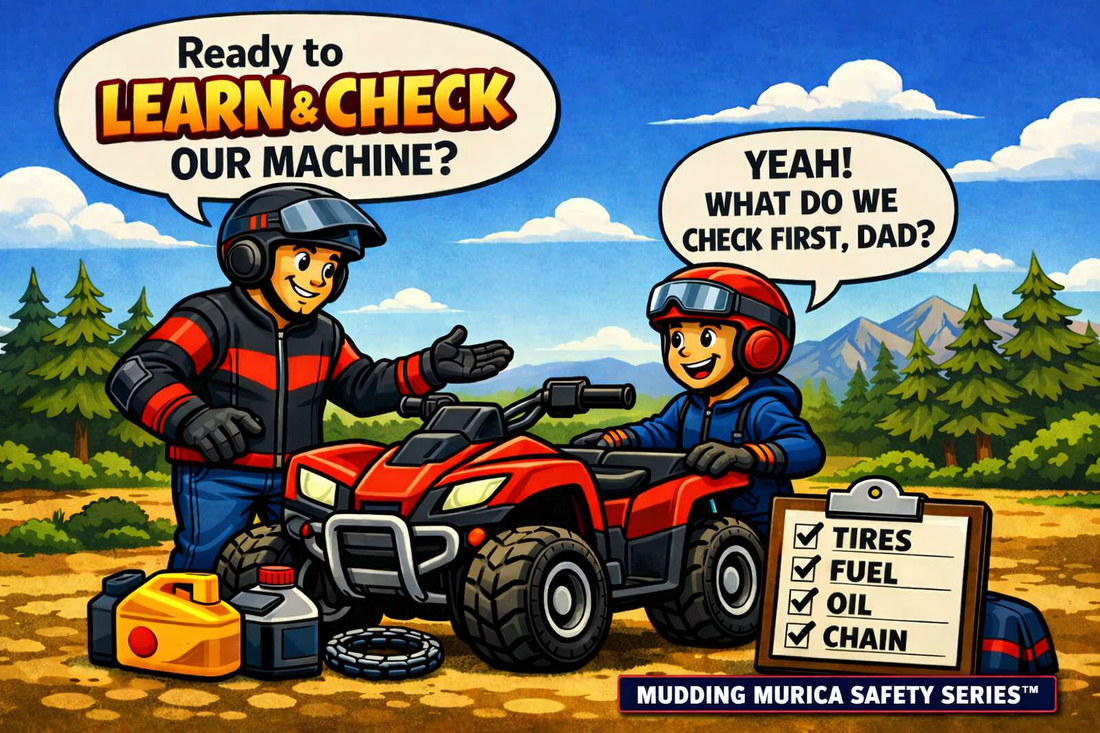 Single Frame Comic: Parent teaches child to check ATV—tires, fuel, oil, chain—before riding safely.