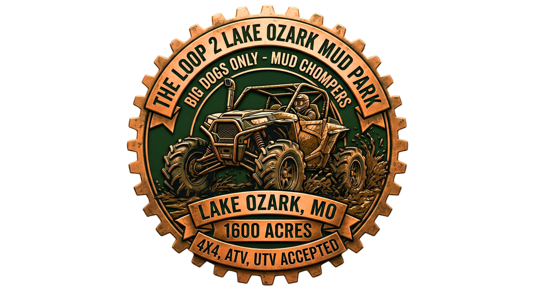 Rugged gear-edged circular badge for The Loop 2 Lake Ozark Mud Park in MO. Features a heavy-duty UTV throwing clay mud inside layered copper banners marking 1,600 acres of aggressive 4x4, ATV, and side-by-side trails.