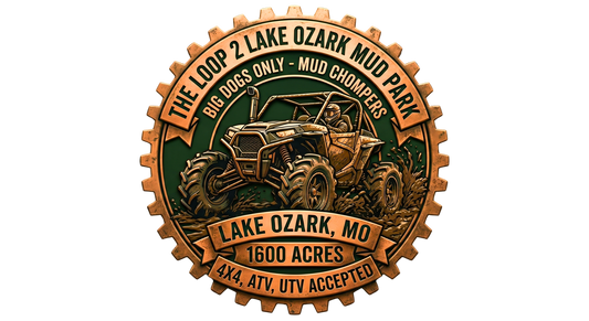 Rugged gear-edged circular badge for The Loop 2 Lake Ozark Mud Park in MO. Features a heavy-duty UTV throwing clay mud inside layered copper banners marking 1,600 acres of aggressive 4x4, ATV, and side-by-side trails.