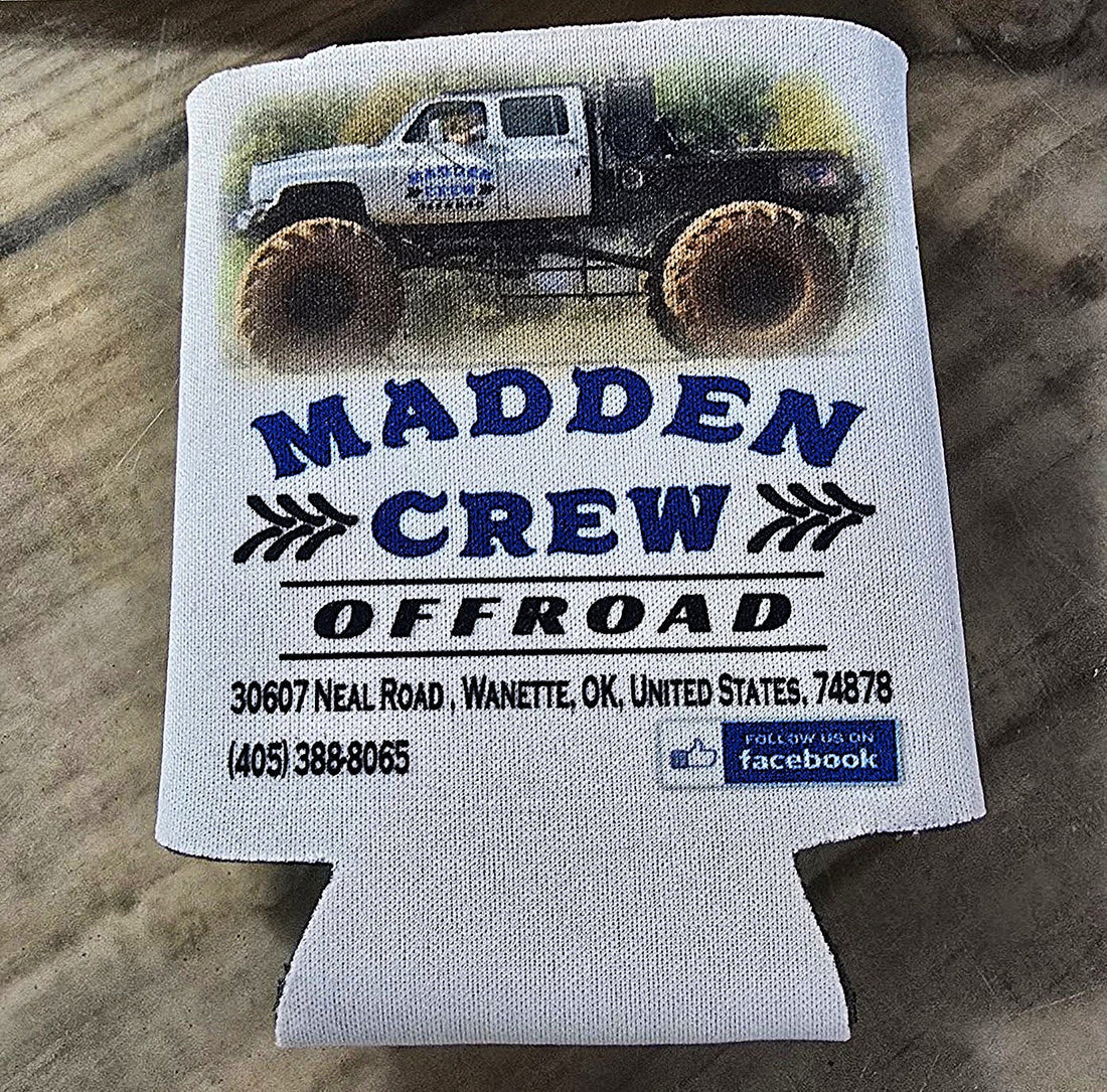 “white drink sleeve with lifted mud truck graphic and Madden Crew Offroad contact information printed on the front”
