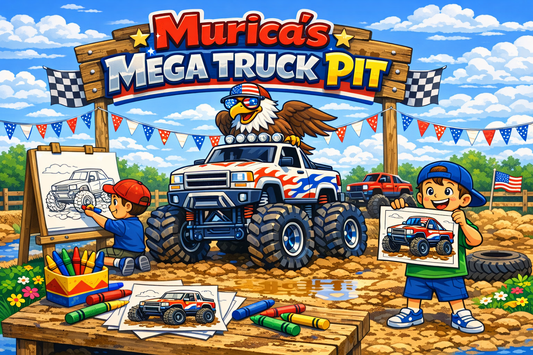 Cartoon mega truck with eagle mascot and kids coloring pages in bright red, white, and blue style.