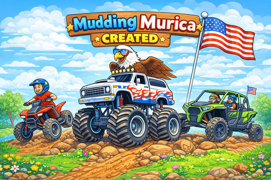 Cartoon mega truck, ATV, and SxS with eagle and American flag in bright kid‑friendly style.