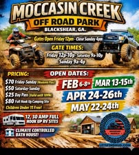 Promotional flyer for Moccasin Creek Off Road Park in Blackshear, Georgia. The flyer lists gate times, pricing, open dates, and amenities.
