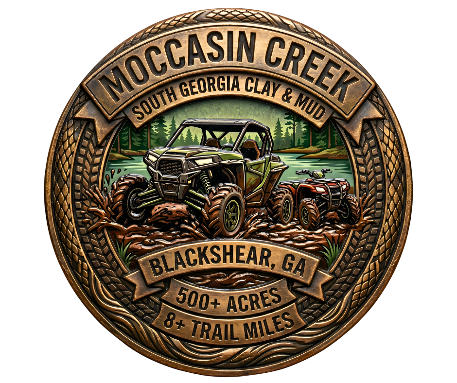Moccasin Creek Off Road Park circular bronze seal featuring a green SxS UTV and red ATV ripping through mud. Styled like a carved coin with Blackshear, GA trail data, pine woods background, and dynamic tire tread border.