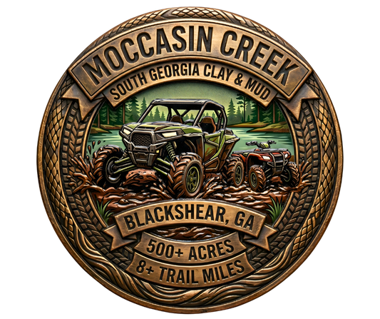 Moccasin Creek Off Road Park circular bronze seal featuring a green SxS UTV and red ATV ripping through mud. Styled like a carved coin with Blackshear, GA trail data, pine woods background, and dynamic tire tread border.