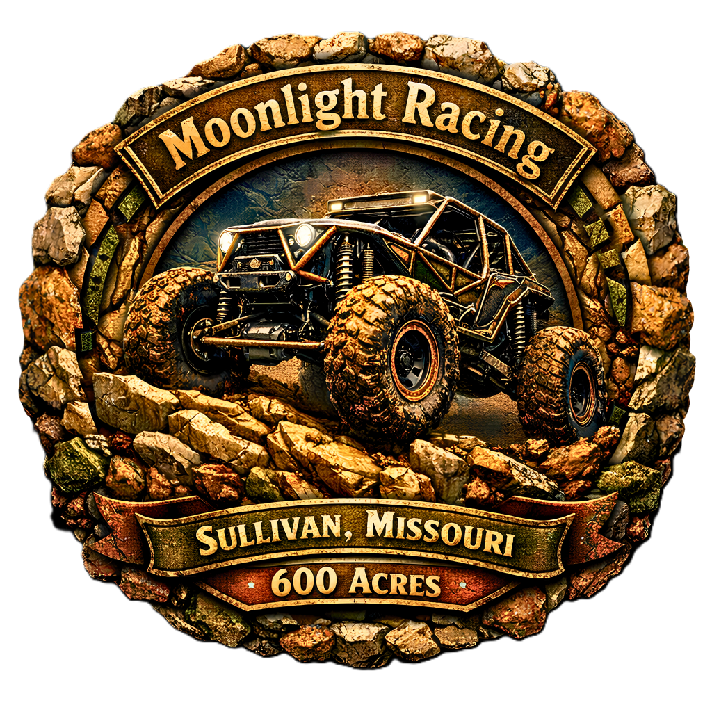 3D‑etched Moonlight Racing badge featuring a mud‑packed rock bouncer climbing jagged Ozark chert ledges, surrounded by brass and copper terrain ring with raised banners reading “Moonlight Racing” and “Sullivan, Missouri · 600 Acres.