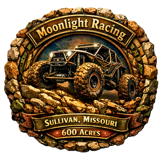 3D‑etched Moonlight Racing badge featuring a mud‑packed rock bouncer climbing jagged Ozark chert ledges, surrounded by brass and copper terrain ring with raised banners reading “Moonlight Racing” and “Sullivan, Missouri · 600 Acres.