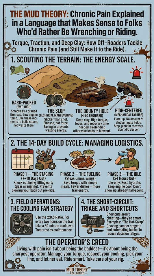 "Vintage poster explaining chronic pain through off-roading analogies, titled The Mud Theory: Chronic Pain Explained for Folks Who’d Rather Be Wrenching or Riding."