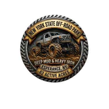 3D metallic logo badge for New York State Off-Road Park in Esperance, NY. Features a lifted mega truck splashing in deep mud, a tire tread border, and banners reading "Deep Mud & Heavy Iron" and "62 Active Acres.