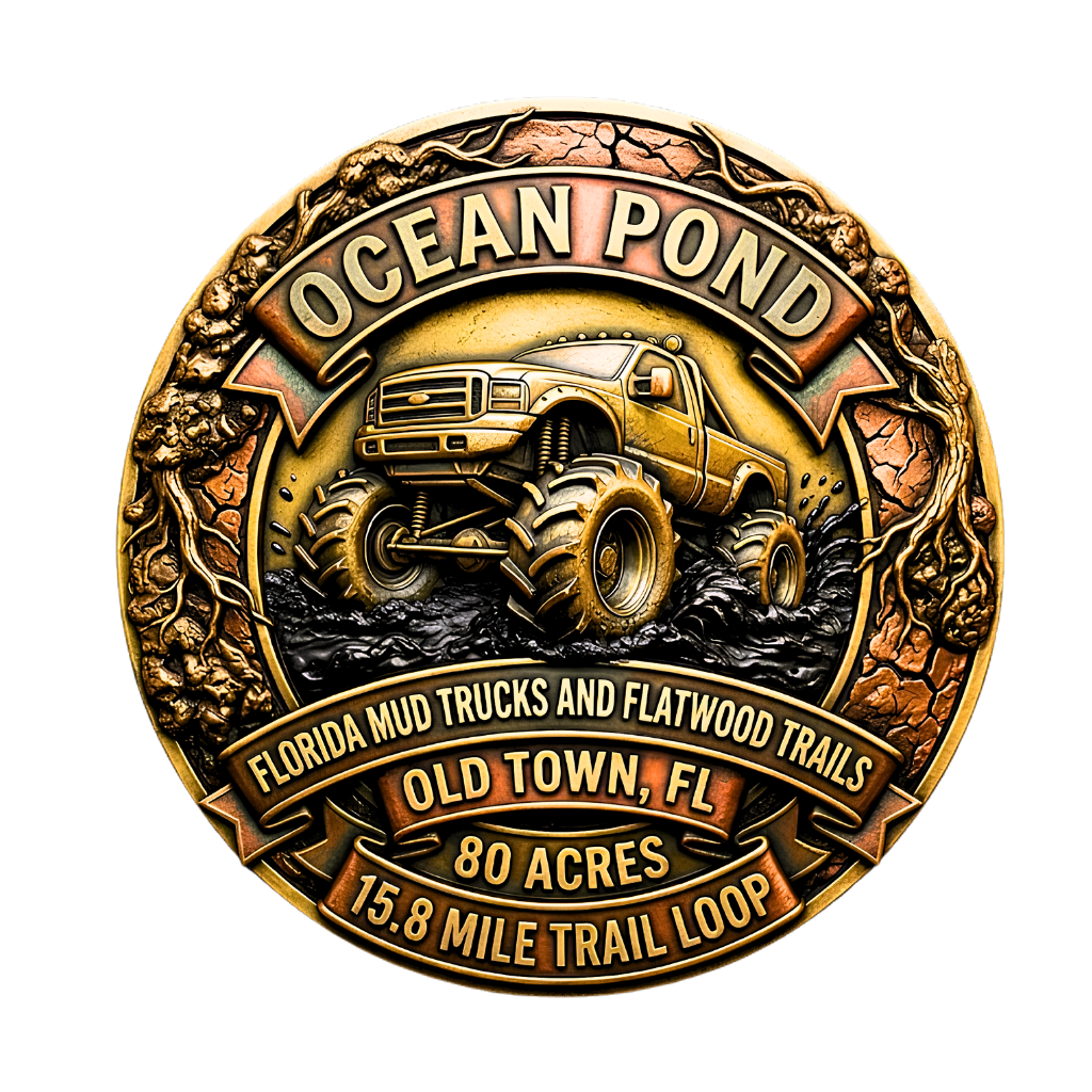 3D etched medallion logo for Ocean Pond Off-Road Park in Old Town, Florida. Features a monster mud truck in a muddy bog, surrounded by textured tree roots, cracked clay, and banners showing 80 acres and 15.8 miles of trails.