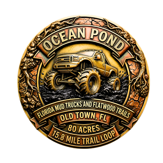 3D etched medallion logo for Ocean Pond Off-Road Park in Old Town, Florida. Features a monster mud truck in a muddy bog, surrounded by textured tree roots, cracked clay, and banners showing 80 acres and 15.8 miles of trails.