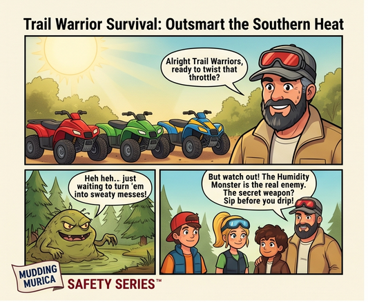 Three-panel comic titled Trail Warrior Survival. An instructor warns riders about the green Humidity Monster lurking in the swamp, sharing the secret safety weapon to sip electrolytes before you drip sweat.