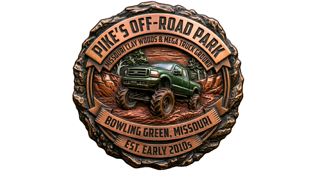 Bronze emblem for Pike's Off-Road Park in Bowling Green, Missouri, featuring a 3D sculpted green mega truck with massive mud tires navigating a rugged clay and wooded trail, established in the early 2010s.
