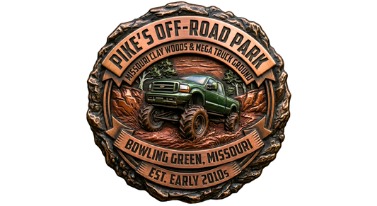 Bronze emblem for Pike's Off-Road Park in Bowling Green, Missouri, featuring a 3D sculpted green mega truck with massive mud tires navigating a rugged clay and wooded trail, established in the early 2010s.