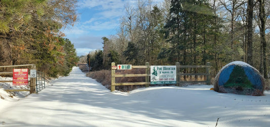 Snow covers the entrance to Pine Mountain Trails, with fee signs on a wooden fence,Trees surround the area and a dome‑shaped object sits on the right side.