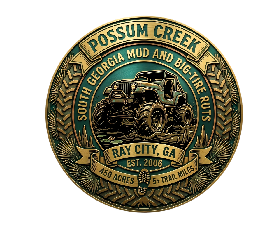 Detailed brass and teal metallic circular badge logo for Possum Creek Off-Road Park in Ray City, GA, showing a rugged Jeep in mud with text South Georgia Mud and Big-Tire Ruts, EST. 2006, and 450 Acres data.